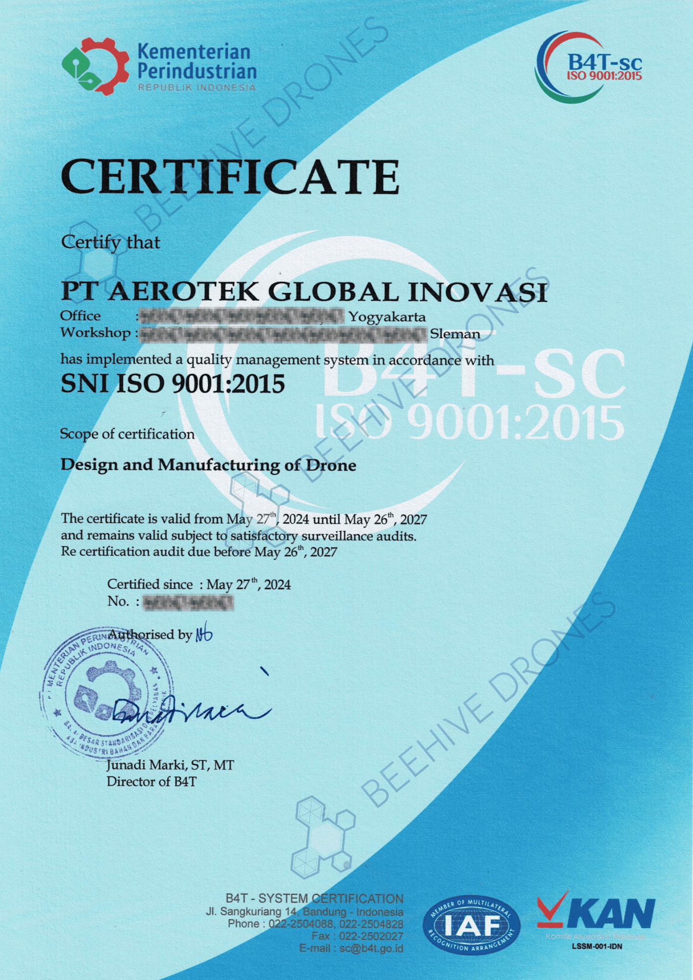 The First Drone Manufacturing In Indonesia With ISO 9001:2015 Certification